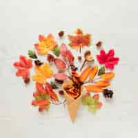 Free photo top view autumn leaves with wooden background