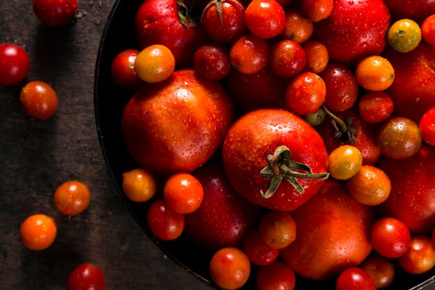 Top view of autumn tomatoes on table