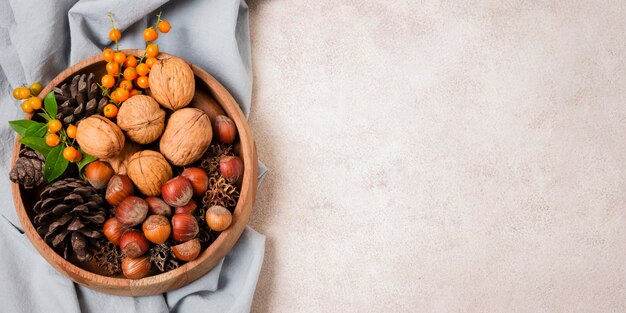 Top view of autumnal bowl with pine cones and copy space