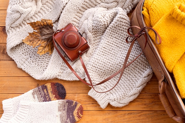 Top view autumnal traveling composition