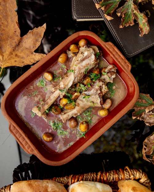 Top view of azerbaijani dish bozbash lamb stew with chickpeas