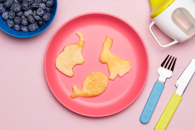 Top view of baby food with blueberries