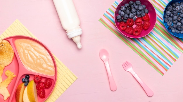 Top view of baby food with raspberries and baby bottle