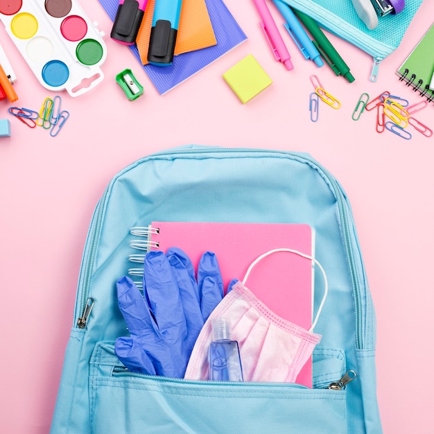 Top view of back to school essentials with backpack and gloves