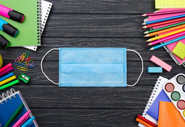 Top view of back to school stationery with face mask and colorful pencils