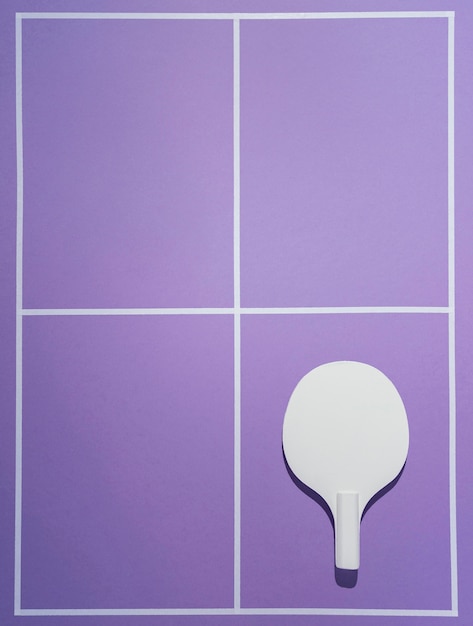 Top view badminton paddle on purple background