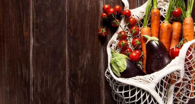 Top view of bag of veggies with copy space