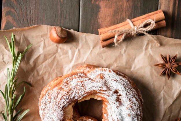 Top view of bagel with rosemary and cinnamon