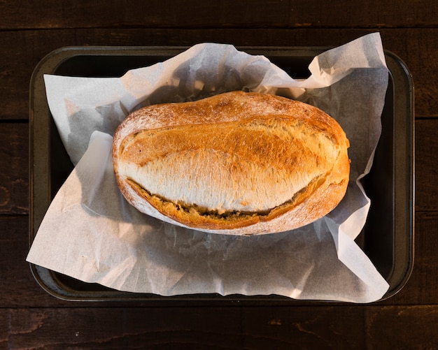 Top view baked bread with crust