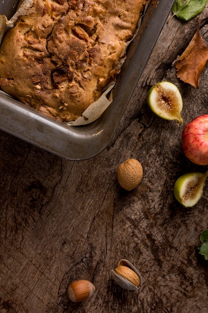 Top view baked bread with fruits