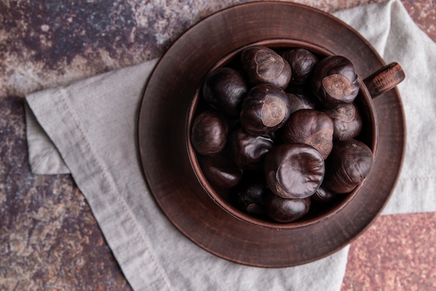 Top view of baked chestnuts