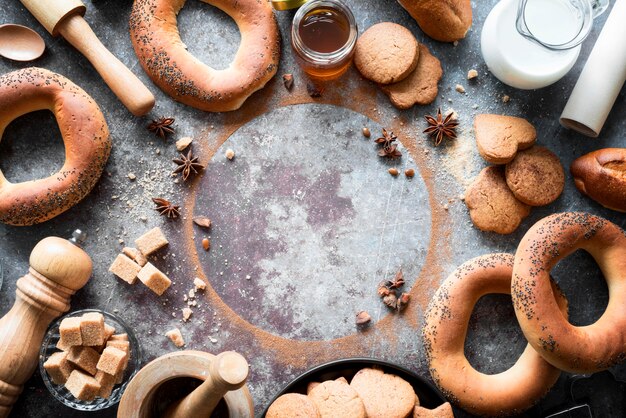 Top view bakery products with brown sugar cubes