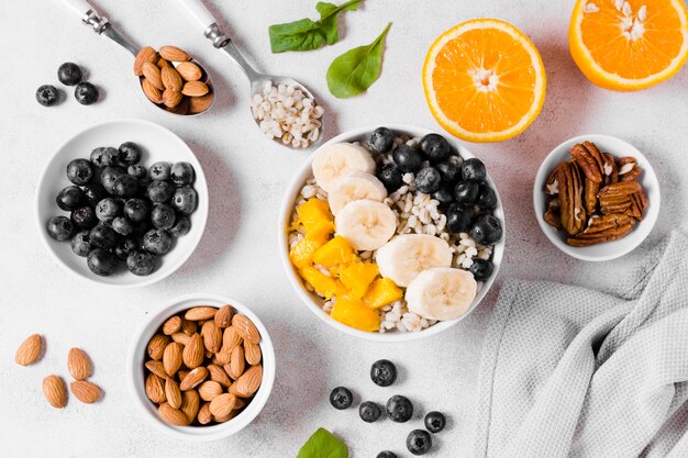 Top view of banana and organic fruits