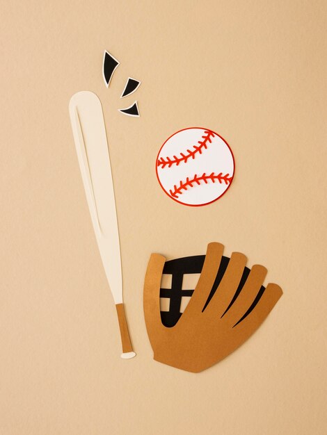 Top view of baseball bat with glove and ball