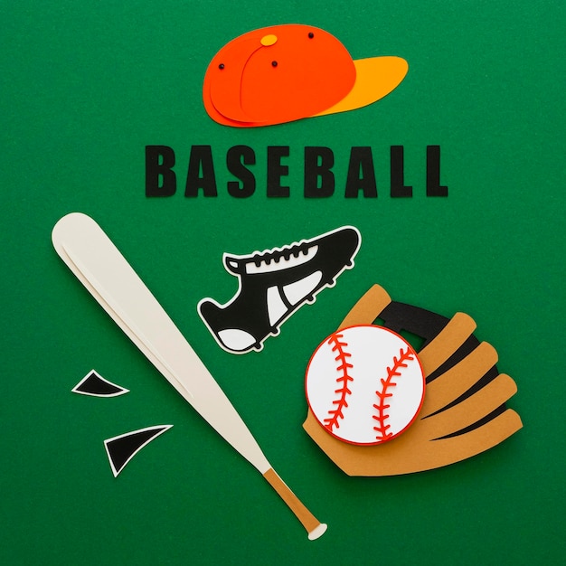 Top view of baseball with bat, sneaker and cap