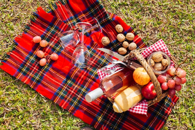 Top view basket full of goodies ready for picnic