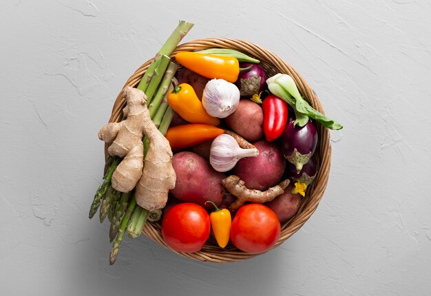 Top view basket with assortment of vegetables