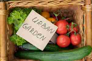 Free photo top view basket with delicious vegetables