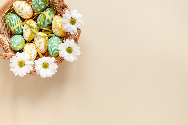 Top view basket with easter eggs