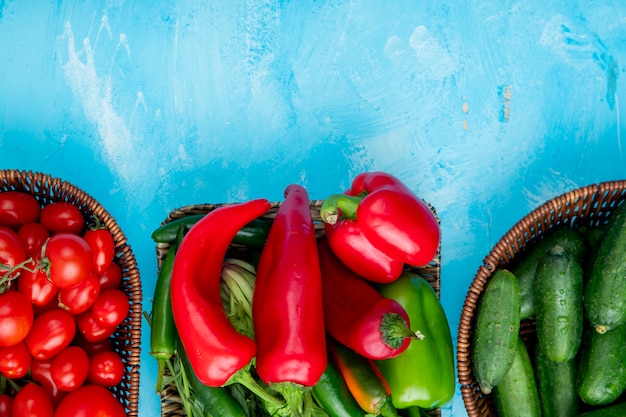 Top view of baskets of vegetables