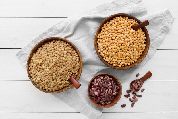 Top view of beans arrangement on wooden table