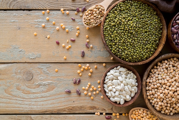 Top view of beans arrangement on wooden table