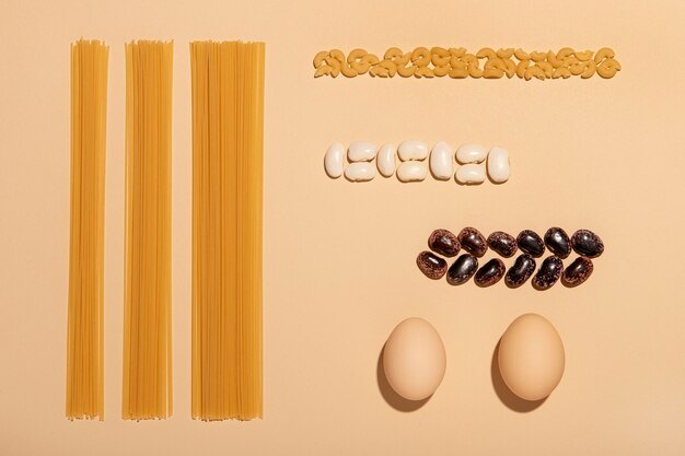 Top view beans, eggs and spaghetti