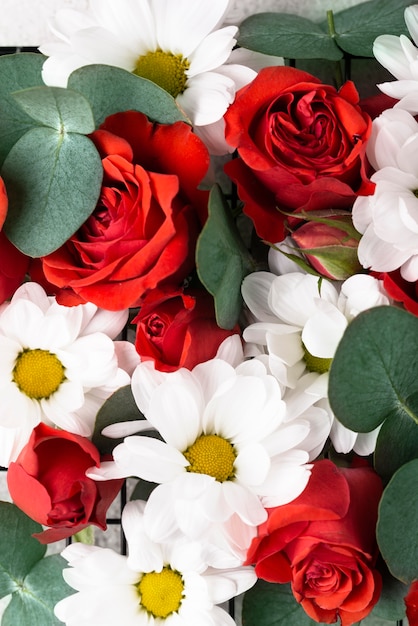 Top view of beautiful flowers in different colors