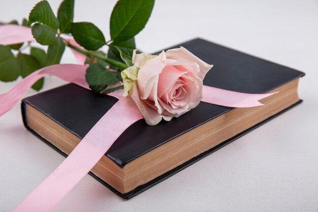 Top view of beautiful pink rose with leaves over a book on a white background