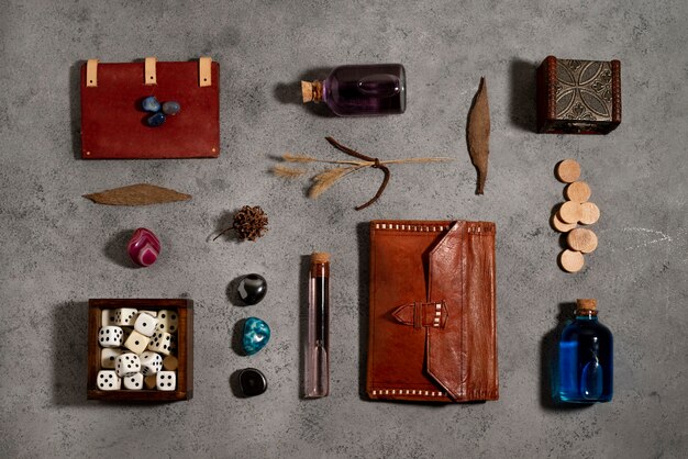 Top view on beautiful rpg still life  items