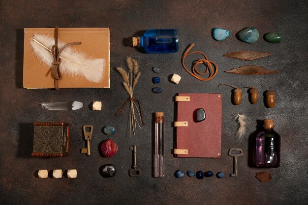 Top view on beautiful rpg still life  items