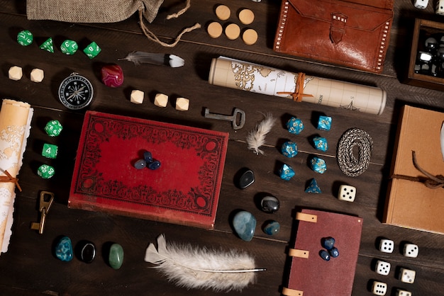 Free photo top view on beautiful rpg still life  items