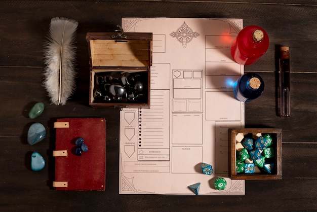 Free photo top view on beautiful rpg still life  items