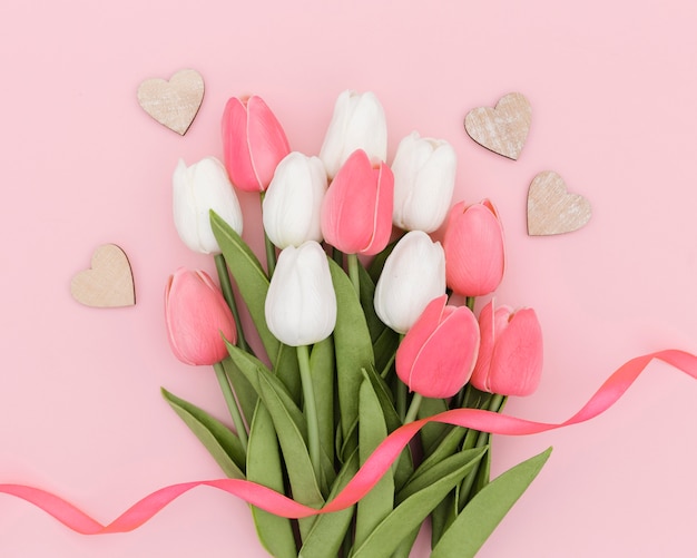 Top view of beautiful tulips bouquet