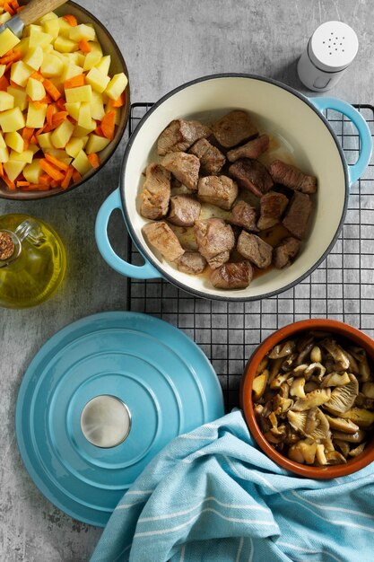 Top view beef and vegetables arrangement