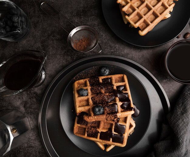 Top view belgian waffle with blueberries