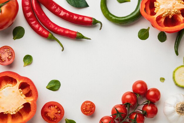 Top view of bell pepper with tomatoes and chili peppers