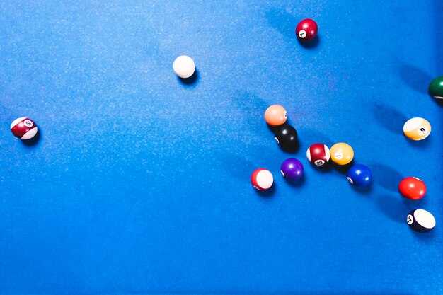 Top view billiard table with blue background