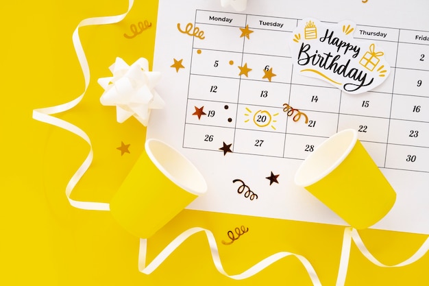 Free photo top view of birthday memo added in vibrant calendar