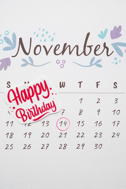 Free photo top view of birthday memo added in vibrant calendar