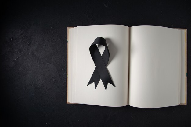 Top view of black bow inside open book on dark wall