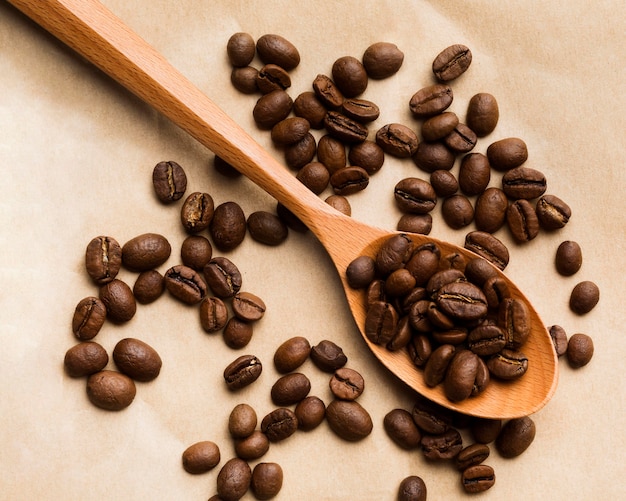 Top view black coffee beans assortment on paper background