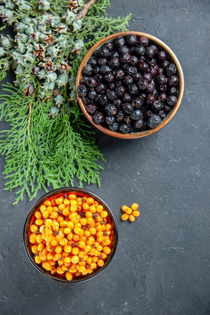 Top view black currant sea buckthorn in bowls pine branch on dark surface
