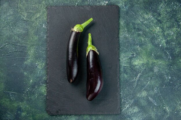 top view black eggplant on dark background food fresh meal color ripe salad vegetables