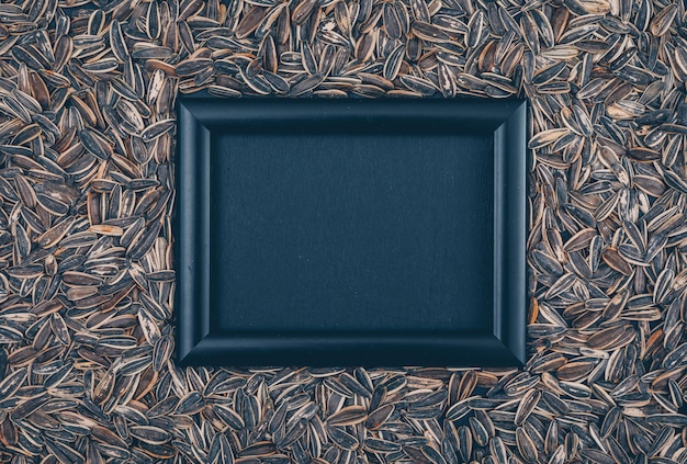 Free photo top view black frame on black sunflower seeds background. horizontal free space for your text
