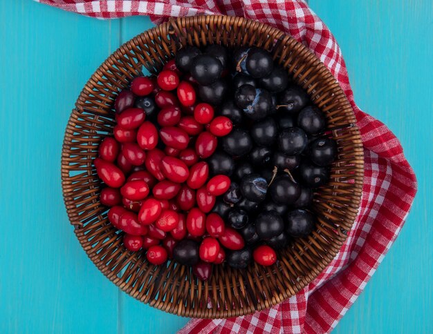 Top view of black grape on a bucket with red cornel cherries on a bucket on a red checked cloth on a blue wooden background