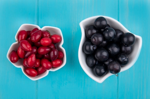 Free photo top view of black grapes on a bowl with cornel berries on a blue wooden background