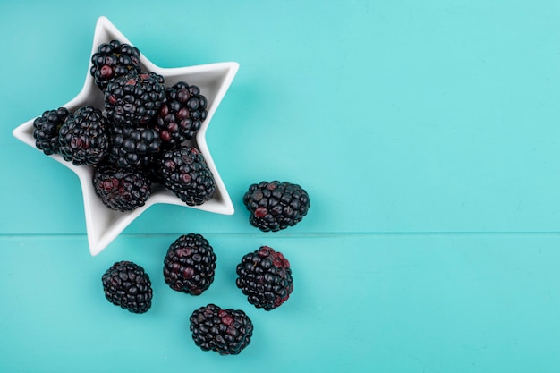 Top view of blackberry in a saucer in the form of a star on a light blue surface