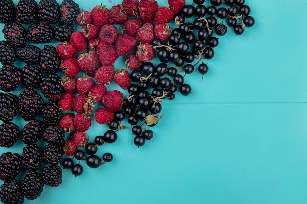 Top view of blackberry with raspberries and black currants on a light blue surface