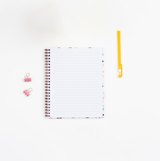 Top view blank notebook with white background
